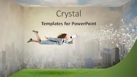  Presentation with announcing - Colorful slide deck enhanced with young-woman-with-megaphone-flying backdrop and a soft green colored foreground