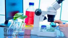  Presentation with gmo - Theme having young-woman-with-microscope background and a light blue colored foreground