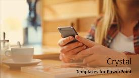  Presentation with cafe - Slide set consisting of young woman with mobile phone background and a coral colored foreground