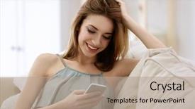  Presentation with mobile phone in woman hand - Slide set with young woman with mobile phone background and a coral colored foreground