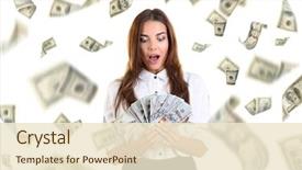  Presentation with raining money falling - Audience pleasing slides consisting of young woman with money backdrop and a lemonade colored foreground