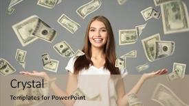  Presentation with grey - Theme enhanced with young woman with money background and a coral colored foreground