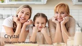  Presentation with daughter - Beautiful slide set featuring young woman with mother and daughter cooking in kitchen backdrop and a coral colored foreground