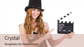  Presentation with airport boarding board - Colorful PPT theme enhanced with young woman with movie board backdrop and a coral colored foreground