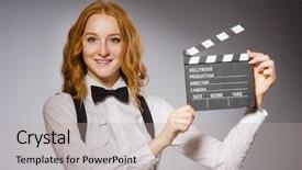  Presentation with airport boarding board - Amazing presentation design having young woman with movie board backdrop and a mint green colored foreground