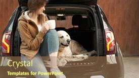  Presentation with guide dog helping blind woman - Slide deck consisting of young-woman-with-mug background and a tawny brown colored foreground
