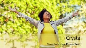  Presentation with race ethnicity - Cool new PPT layouts with young woman with open arms backdrop and a yellow colored foreground