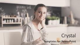  Presentation with tablets wood table tablet white - Presentation design consisting of young woman with orange juice background and a  colored foreground