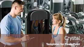  Presentation with exercise trainer - Presentation design enhanced with young woman with personal trainer look at exercise chart at gym background and a tawny brown colored foreground