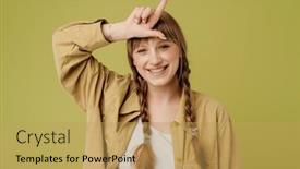  Presentation with strategic management needle pointing - PPT theme enhanced with young-woman-with-pigtails-smiling background and a yellow colored foreground