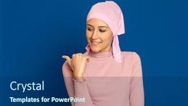  Presentation with blue pink - PPT theme consisting of young-woman-with-pink-scarf background and a navy blue colored foreground