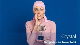  Presentation with blue pink - Slide deck having young-woman-with-pink-scarf background and a ocean colored foreground