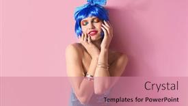  Presentation with pink blue - PPT layouts with young woman with rainbow makeup and blue hair on pink background background and a coral colored foreground