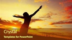  Presentation with woman hands raised to sky - Beautiful presentation theme featuring young woman with raised hands backdrop and a tawny brown colored foreground