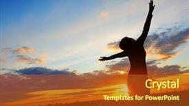  Presentation with woman hands raised to sky - Theme consisting of young woman with raised hands background and a tawny brown colored foreground