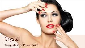  Presentation with dark vampire mouth makeup fashion - PPT theme featuring young woman with red nails background and a lemonade colored foreground