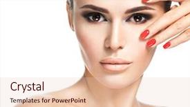  Presentation with nail salon beauty nails concept - PPT theme with young woman with red nails background and a lemonade colored foreground