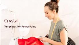  Presentation with textile spinning machine in factory - Cool new PPT theme with young woman with scissors cutting backdrop and a cream colored foreground