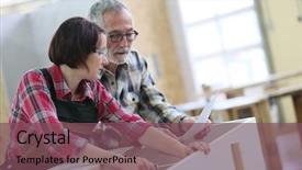  Presentation with craftsman - Slide set enhanced with young woman with senior craftsman in carpentry class background and a violet colored foreground