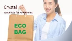  Presentation with eco bag - Slide deck having young woman with shopping bag ans showing eco bag background and a lemonade colored foreground
