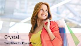  Presentation with woman pushing shopping trolley - Slides with young woman with shopping bags background and a coral colored foreground