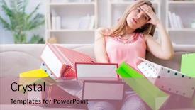  Presentation with shopping - Presentation theme having young woman with shopping bags background and a coral colored foreground