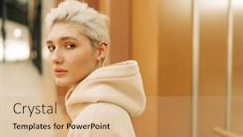  Presentation with hair - Slide set featuring young-woman-with-short-blond background and a coral colored foreground