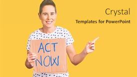  Presentation with now - Slide deck having young-woman-with-short-hair background and a yellow colored foreground