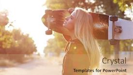  Presentation with skating - Slide deck featuring young woman with skating board background and a coral colored foreground