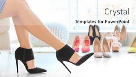  Presentation with rest - Slide set having young woman with slim legs having rest in light room with different shoes background and a cool aqua colored foreground