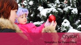  Presentation with snow tree - Slide deck enhanced with young woman with small daughter stands near green tree with snow and touch red ball background and a red colored foreground