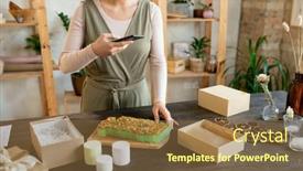  Presentation with shooting - Cool new PPT layouts with young-woman-with-smartphone-standing backdrop and a tawny brown colored foreground