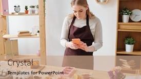  Presentation with molds - Colorful presentation enhanced with young woman with smartphone taking photo of handmade soap in silicone molds on wooden table in studio backdrop and a coral colored foreground
