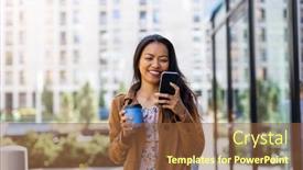  Presentation with city cds - Presentation design featuring portrait beautiful filipino girl - young woman with smartphone background and a tawny brown colored foreground