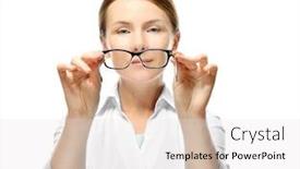  Presentation with young - Amazing slide set having young woman with spectacles on white background backdrop and a sky blue colored foreground