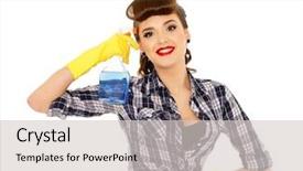  Presentation with housekeeping - Audience pleasing PPT theme consisting of young woman with spray bottle and sponge on a white background housekeeping cleaning woman backdrop and a light gray colored foreground