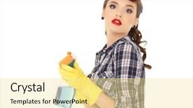  Presentation with housekeeping - Cool new PPT theme with young woman with spray bottle and sponge on a white background housekeeping cleaning woman backdrop and a blonde colored foreground