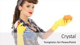  Presentation with spray - Colorful PPT layouts enhanced with young woman with spray bottle and sponge on a white background housekeeping cleaning woman backdrop and a light gray colored foreground