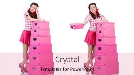  Presentation with storage - Slide set with young woman with storage boxes on white background and a coral colored foreground