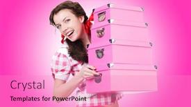  Presentation with storage - Cool new PPT layouts with young woman with storage boxes on white backdrop and a coral colored foreground