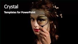  Presentation with eye glass - Presentation theme having young woman with strange make up holding magnifying glass infront eye background and a black colored foreground