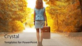  Presentation with suitcase - Theme with young woman with suitcase walking background and a coral colored foreground