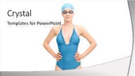  Presentation with swimming - Presentation theme enhanced with young woman with swimming goggles and a blue swimsuit looking at the camera isolated on white background background and a pink colored foreground