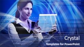  Presentation with tech - PPT theme enhanced with young woman with tablet computer over glowing tech background background and a ocean colored foreground