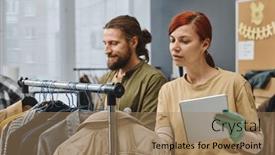  Presentation with volunteer - Presentation theme having young-woman-with-tablet-standing background and a coral colored foreground