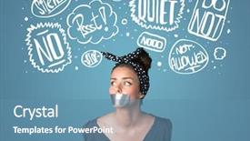  Presentation with thought - Amazing presentation design having young woman with taped mouth and white drawn thought clouds around her head backdrop and a teal colored foreground