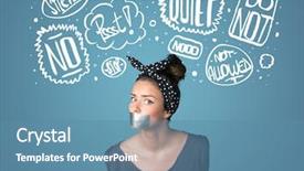  Presentation with thought - Slide set with young woman with taped mouth and white drawn thought clouds around her head background and a teal colored foreground