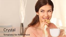  Presentation with tea tasting - PPT layouts enhanced with young woman with tasty cookie background and a coral colored foreground