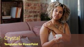  Presentation with plastic product - Slide set having young-woman-with-tattoos-over background and a tawny brown colored foreground