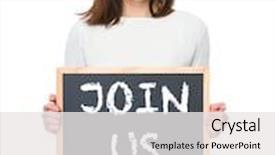  Presentation with blackboard - Amazing PPT layouts having young woman with the blackboard showing phrase of join us backdrop and a white colored foreground